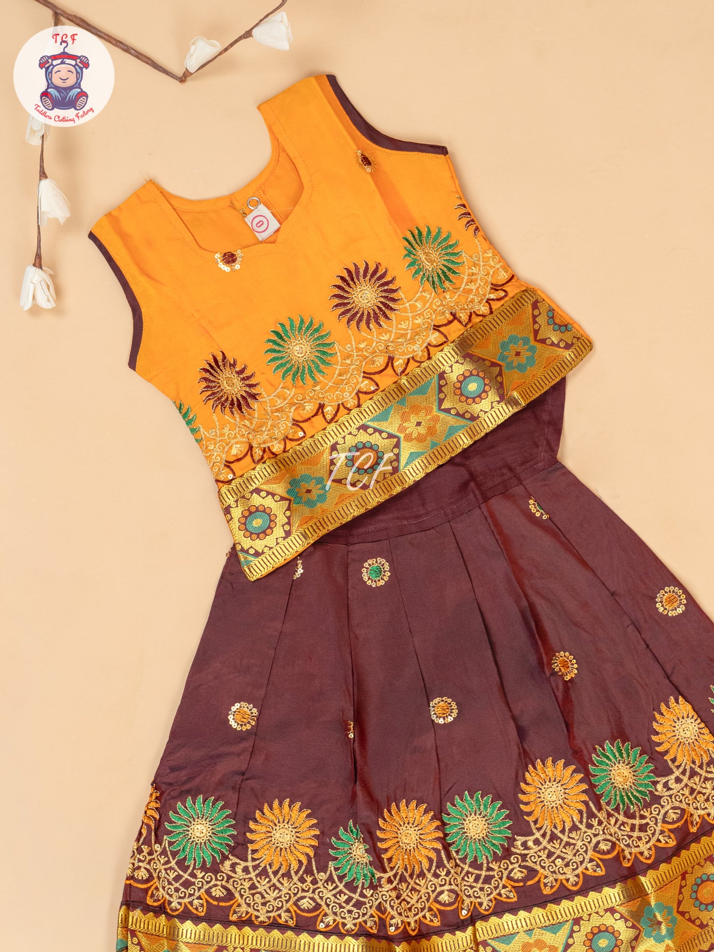 Mustard & Maroon - Embriodered Pavadai Sattai