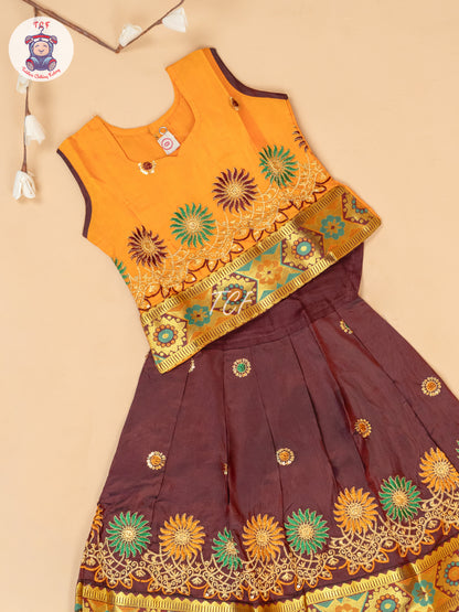 Mustard & Maroon - Embriodered Pavadai Sattai