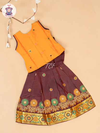 Mustard & Maroon - Embriodered Pavadai Sattai