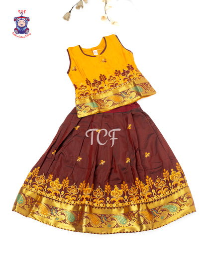 Mustard & Maroon - Embriodered Pavadai Sattai