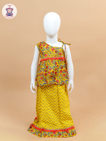 Yellow & Red - Printed One Shoulder Lehenga Choli