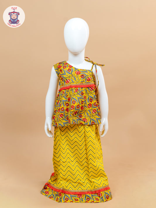 Yellow & Red - Printed One Shoulder Lehenga Choli