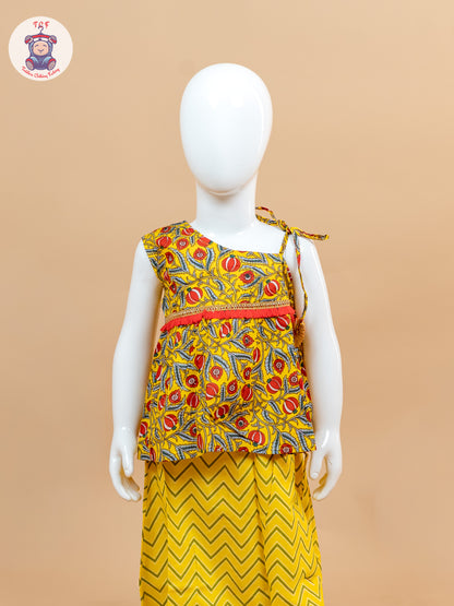 Yellow & Red - Printed One Shoulder Lehenga Choli
