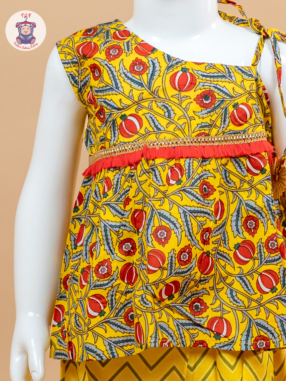Yellow & Red - Printed One Shoulder Lehenga Choli