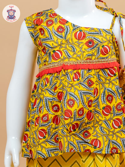Yellow & Red - Printed One Shoulder Lehenga Choli