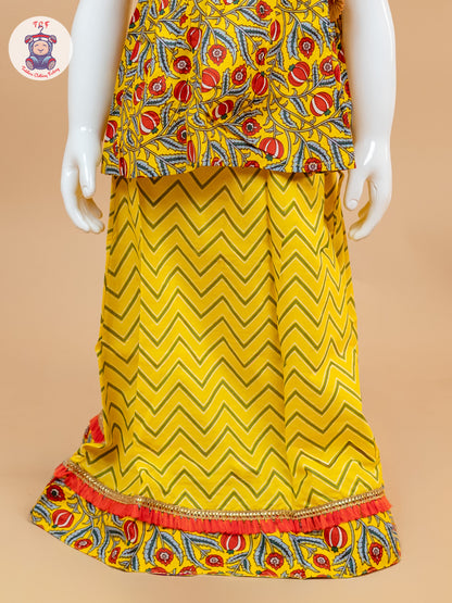 Yellow & Red - Printed One Shoulder Lehenga Choli