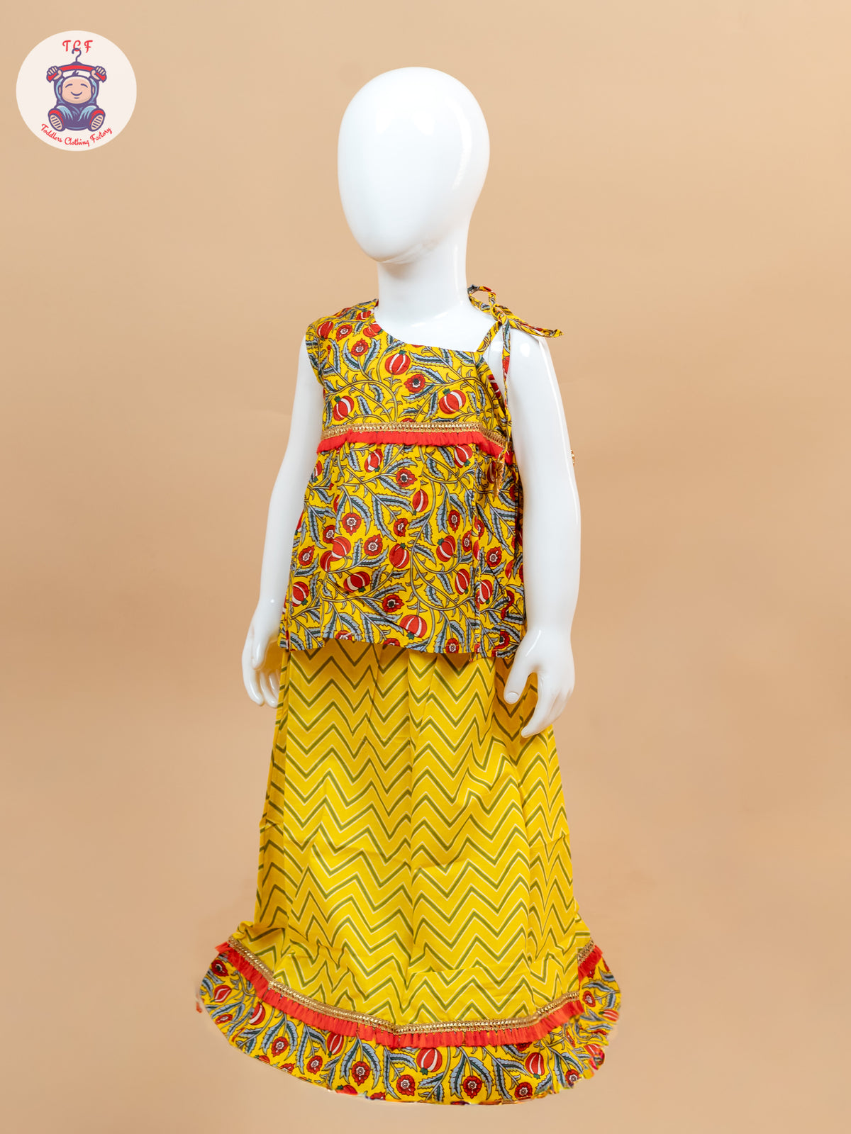 Yellow & Red - Printed One Shoulder Lehenga Choli