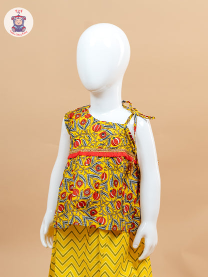 Yellow & Red - Printed One Shoulder Lehenga Choli