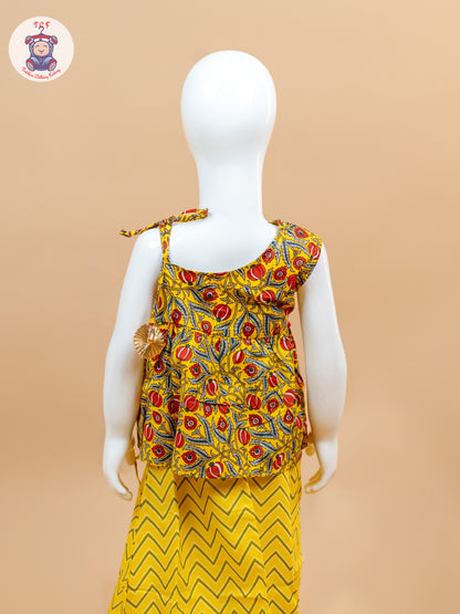 Yellow & Red - Printed One Shoulder Lehenga Choli