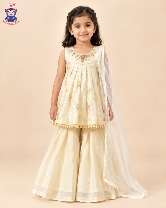 Ivory Floral - Embroidered Plazzo Set with Dupatta