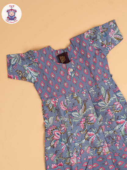 Grey & Pink Floral - Girls Readymade Long Frock