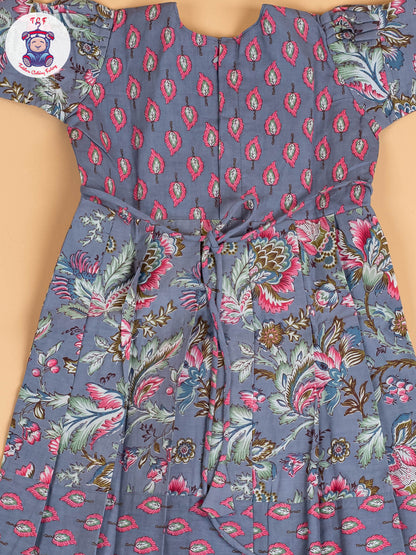 Grey & Pink Floral - Girls Readymade Long Frock