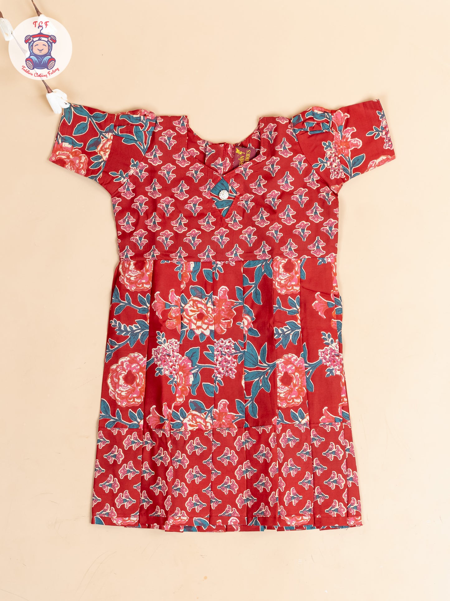 Maroon & Green Floral - Girls Readymade Cotton Long Frock