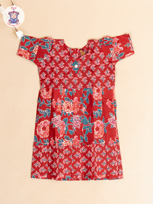 Maroon & Green Floral - Girls Readymade Cotton Long Frock