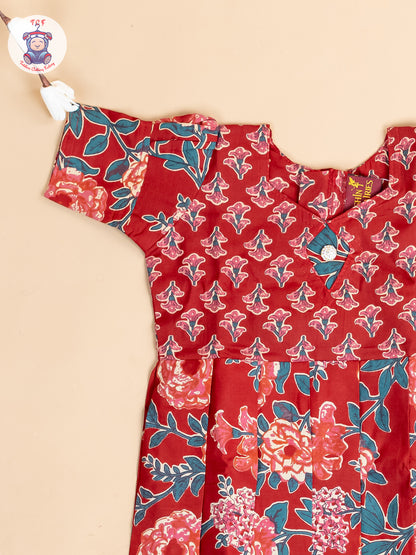 Maroon & Green Floral - Girls Readymade Cotton Long Frock