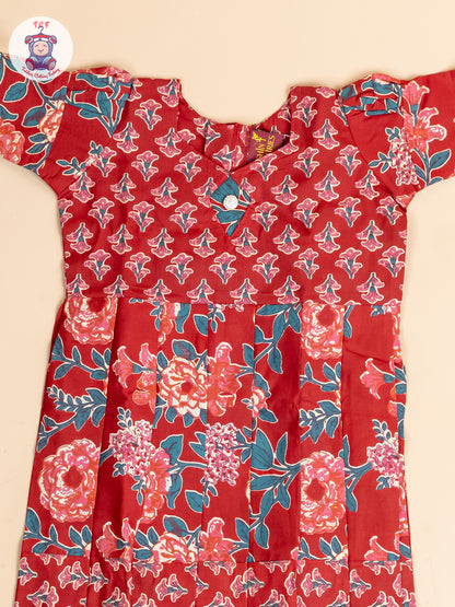 Maroon & Green Floral - Girls Readymade Cotton Long Frock