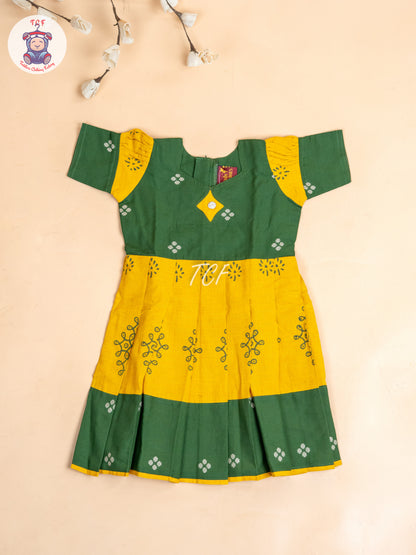 Dark Green & Mustard - Girls Readymade Long Frock