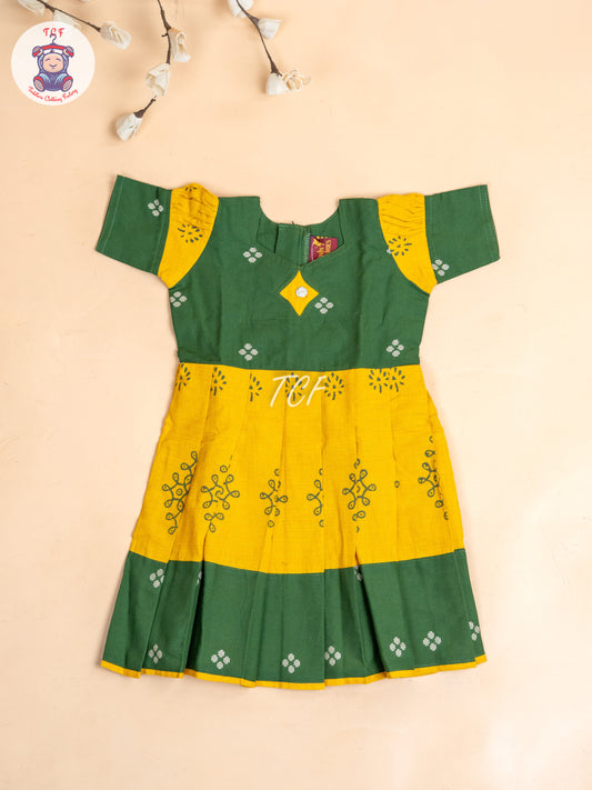 Dark Green & Mustard - Girls Readymade Long Frock