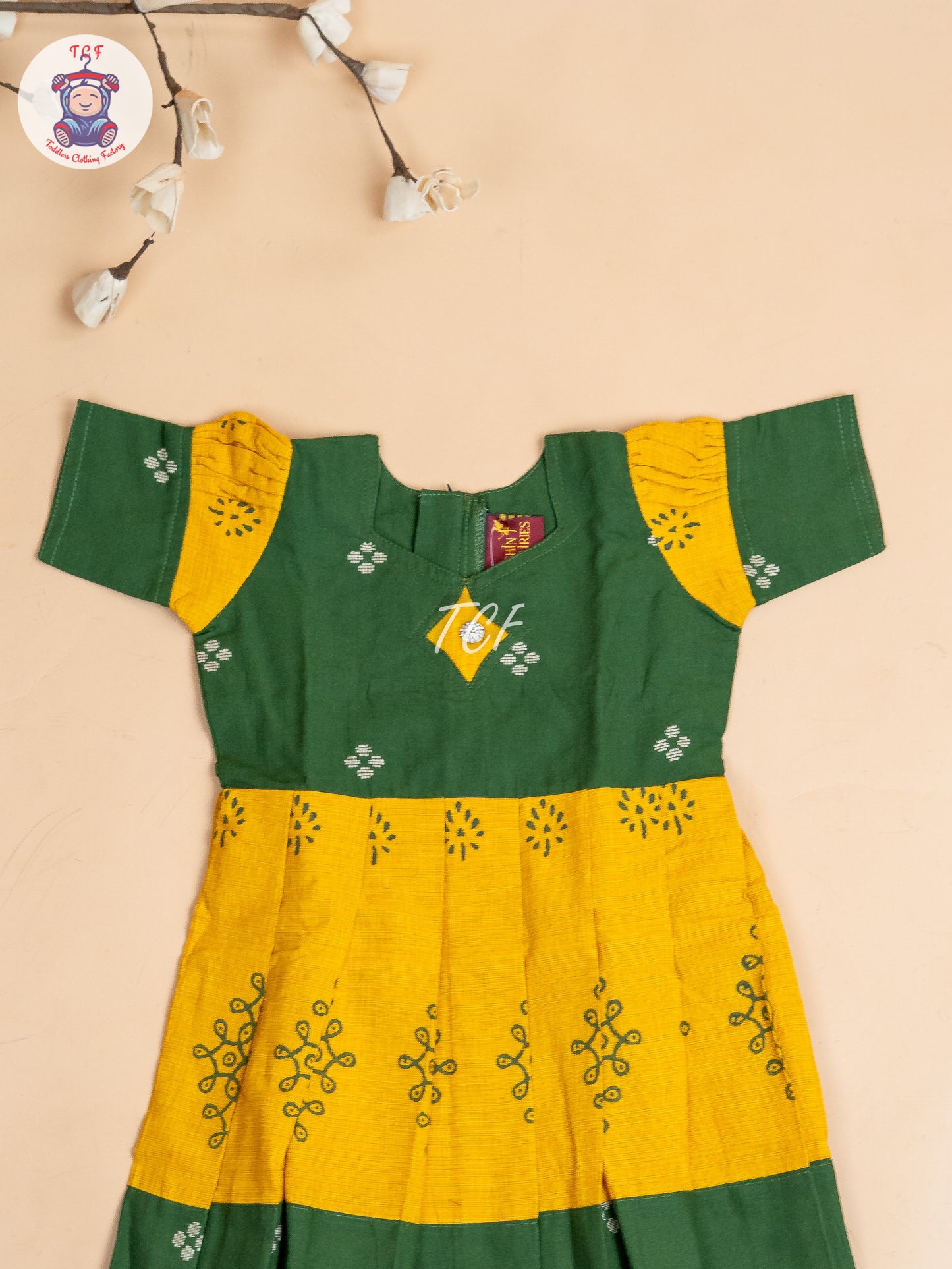 Dark Green & Mustard - Girls Readymade Long Frock