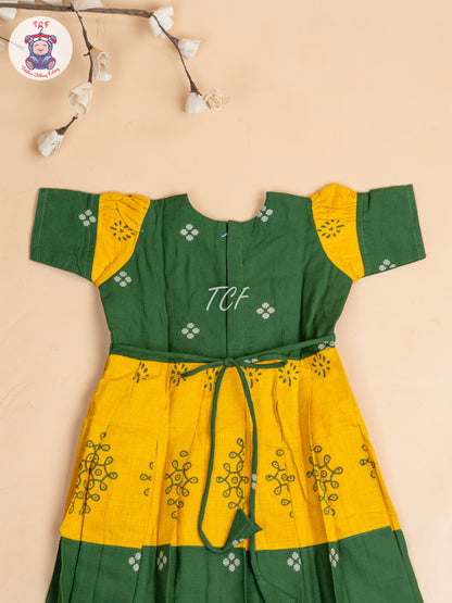 Dark Green & Mustard - Girls Readymade Long Frock