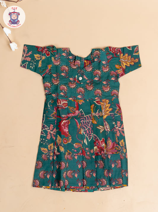Green & Maroon Floral - Girls Readymade Cotton Long Frock