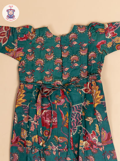 Green & Maroon Floral - Girls Readymade Cotton Long Frock