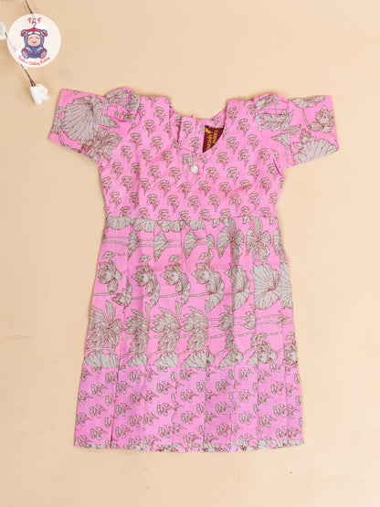 Baby Pink & Grey Floral - Girls Readymade Cotton Long Frock