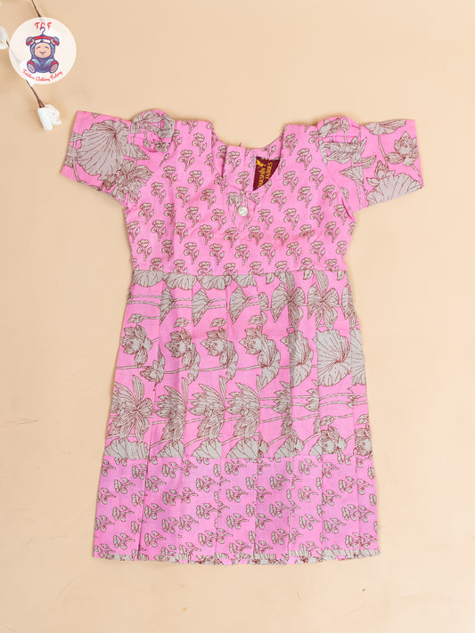 Baby Pink & Grey Floral - Girls Readymade Cotton Long Frock