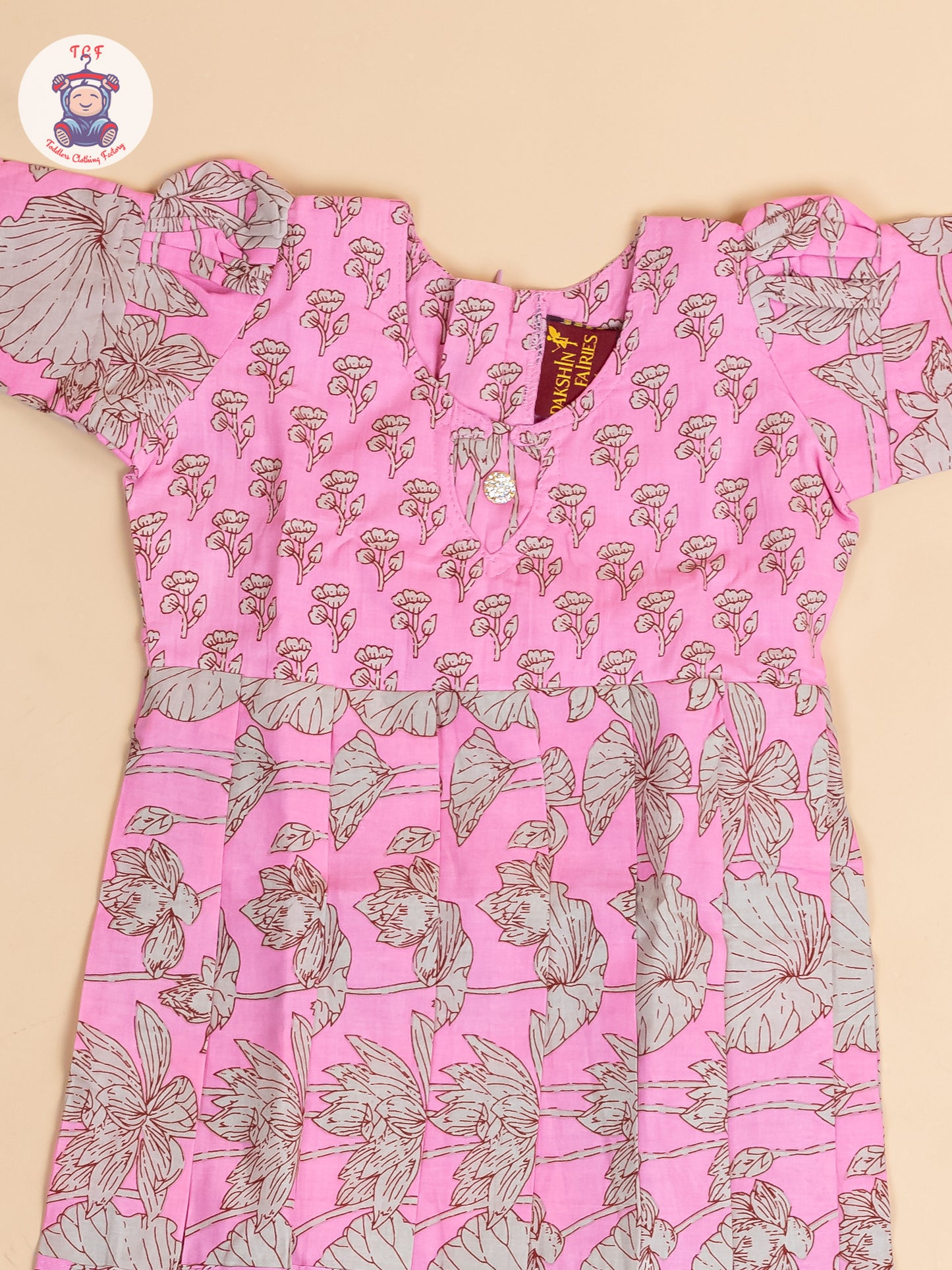 Baby Pink & Grey Floral - Girls Readymade Cotton Long Frock