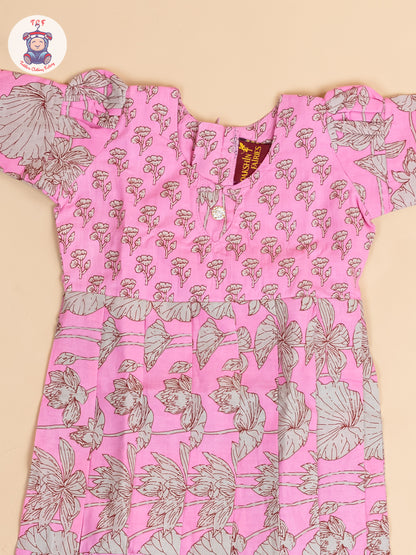 Baby Pink & Grey Floral - Girls Readymade Cotton Long Frock