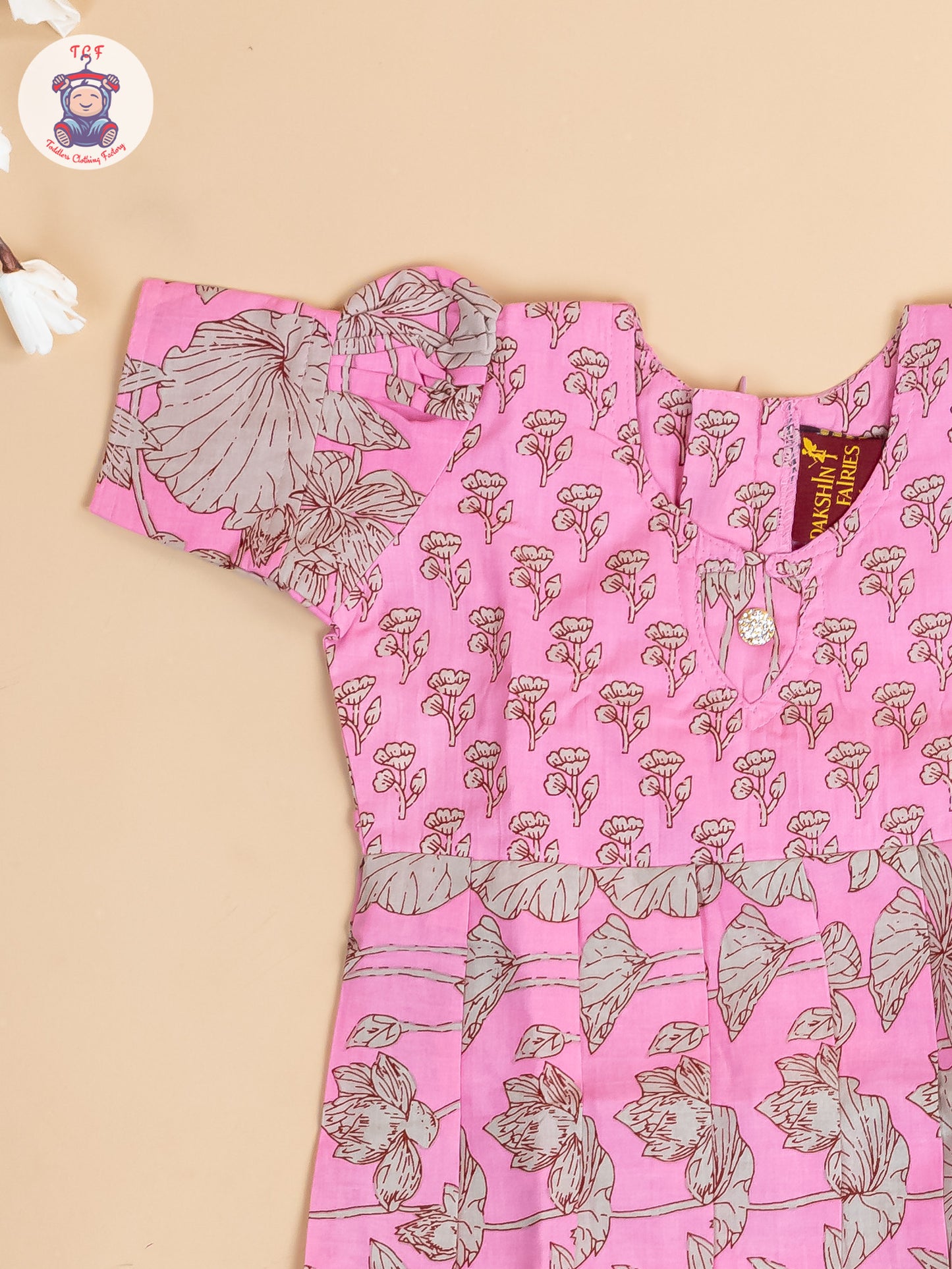 Baby Pink & Grey Floral - Girls Readymade Cotton Long Frock