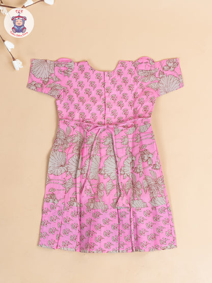 Baby Pink & Grey Floral - Girls Readymade Cotton Long Frock