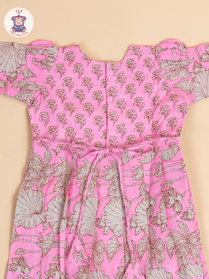 Baby Pink & Grey Floral - Girls Readymade Cotton Long Frock