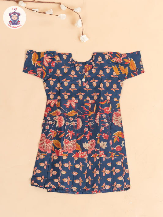 Navy Blue Floral Printed - Girls Readymade Cotton Long Frock