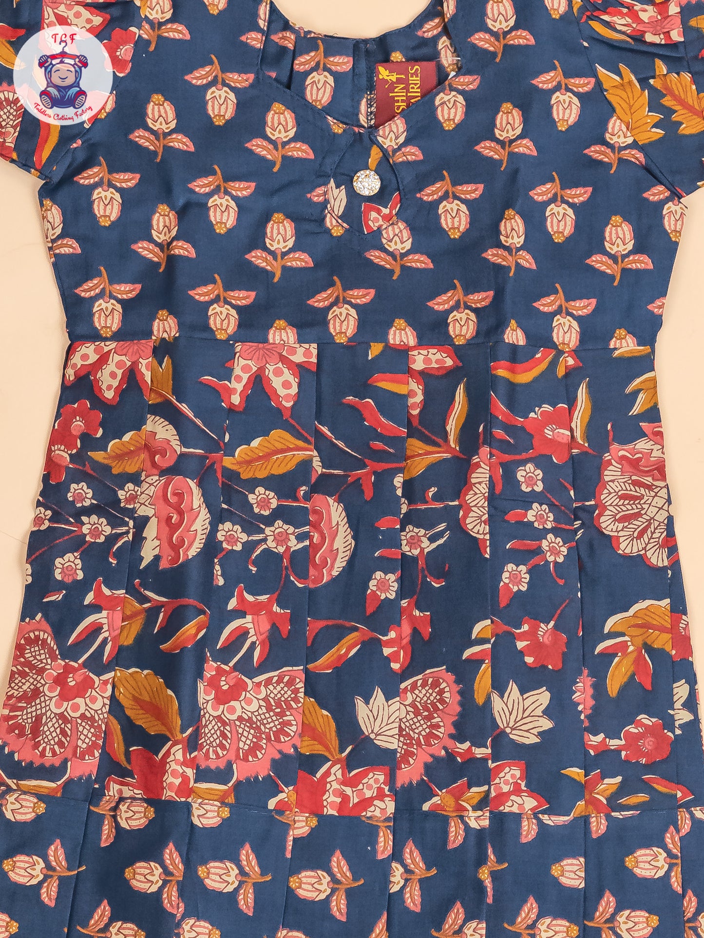 Navy Blue Floral Printed - Girls Readymade Cotton Long Frock