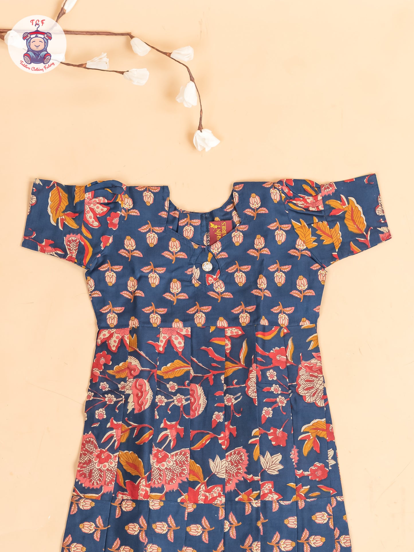 Navy Blue Floral Printed - Girls Readymade Cotton Long Frock