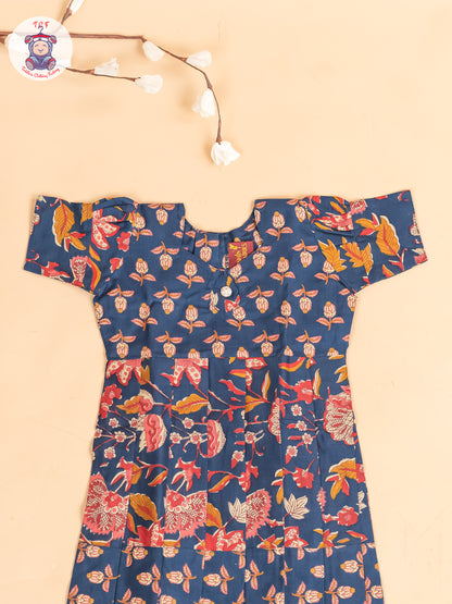 Navy Blue Floral Printed - Girls Readymade Cotton Long Frock