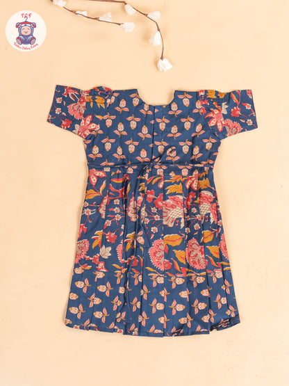 Navy Blue Floral Printed - Girls Readymade Cotton Long Frock