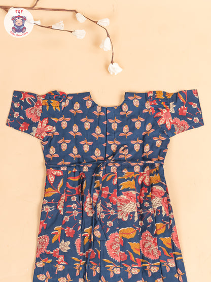 Navy Blue Floral Printed - Girls Readymade Cotton Long Frock