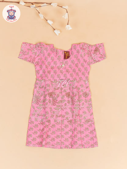 Baby Pink & Gray Floral - Girls Readymade Cotton Long Frock