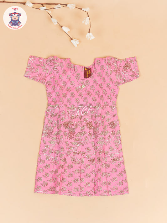 Baby Pink & Gray Floral - Girls Readymade Cotton Long Frock