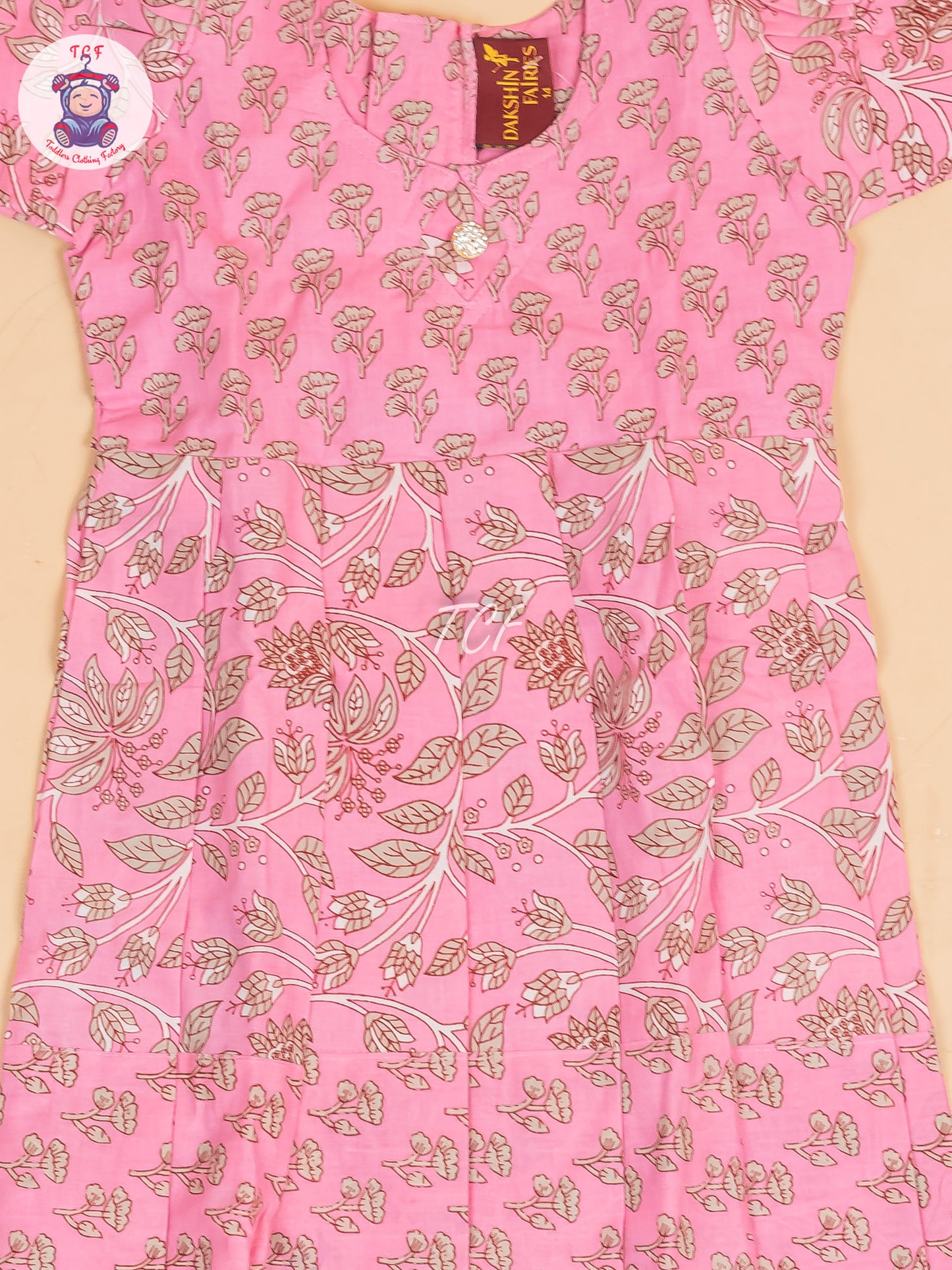 Baby Pink & Gray Floral - Girls Readymade Cotton Long Frock