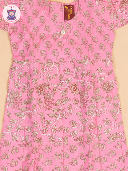 Baby Pink & Gray Floral - Girls Readymade Cotton Long Frock
