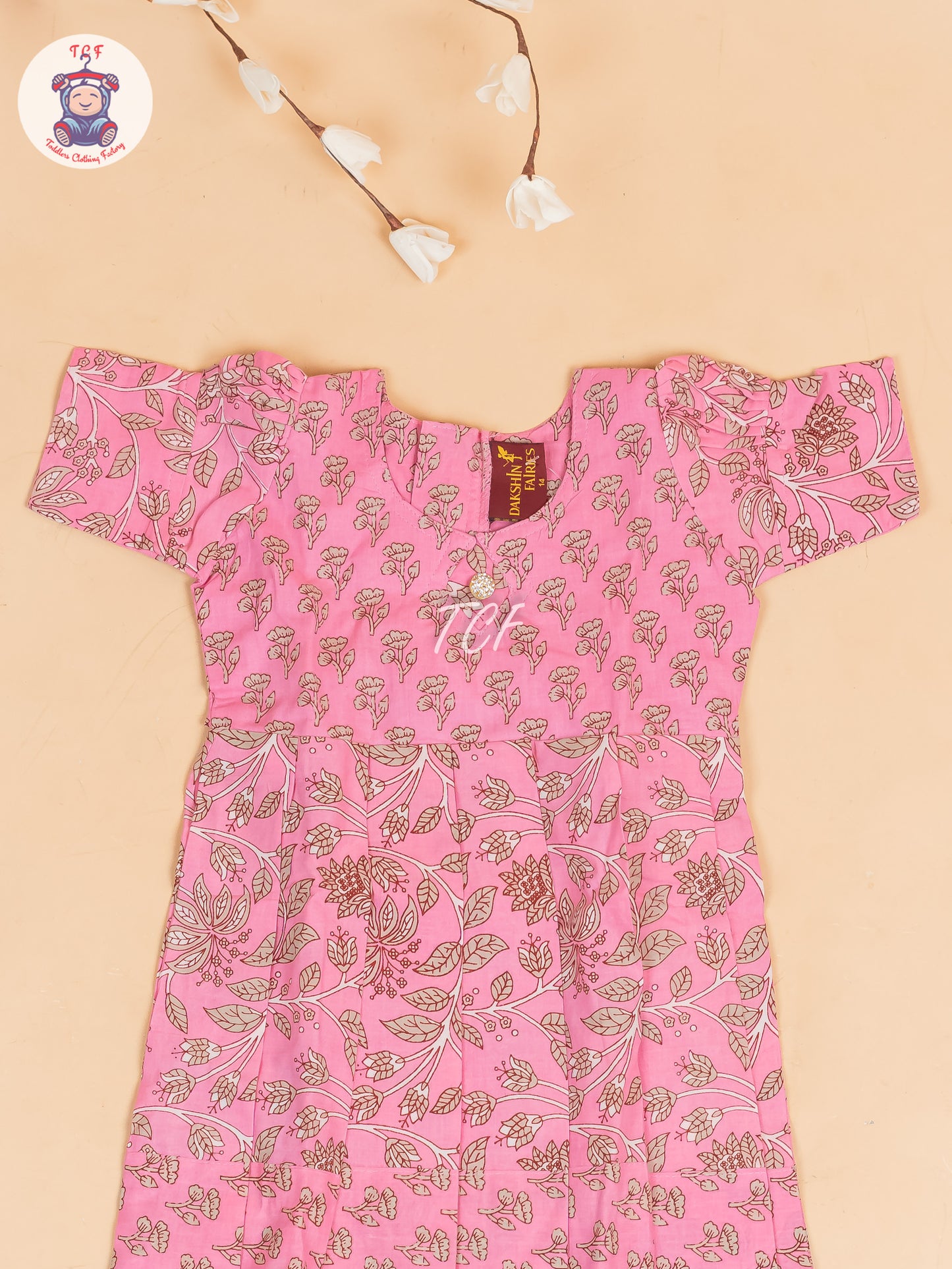 Baby Pink & Gray Floral - Girls Readymade Cotton Long Frock