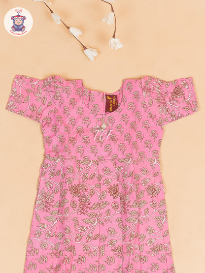 Baby Pink & Gray Floral - Girls Readymade Cotton Long Frock