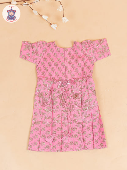 Baby Pink & Gray Floral - Girls Readymade Cotton Long Frock