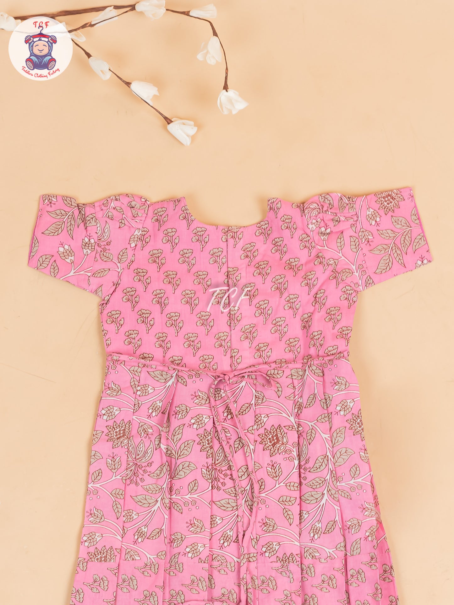 Baby Pink & Gray Floral - Girls Readymade Cotton Long Frock