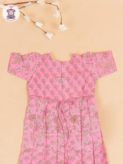 Baby Pink & Gray Floral - Girls Readymade Cotton Long Frock