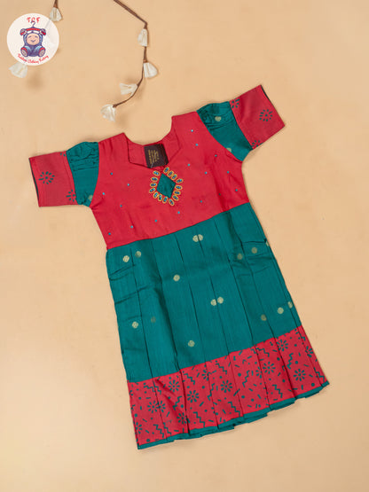 Red & Bottle Green - Girls Readymade Cotton Long Frock