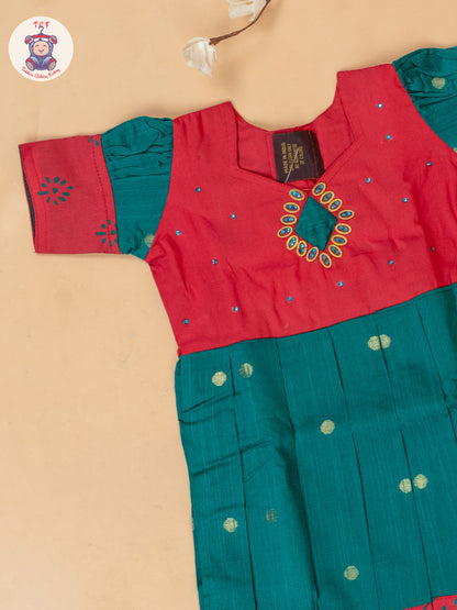 Red & Bottle Green - Girls Readymade Cotton Long Frock